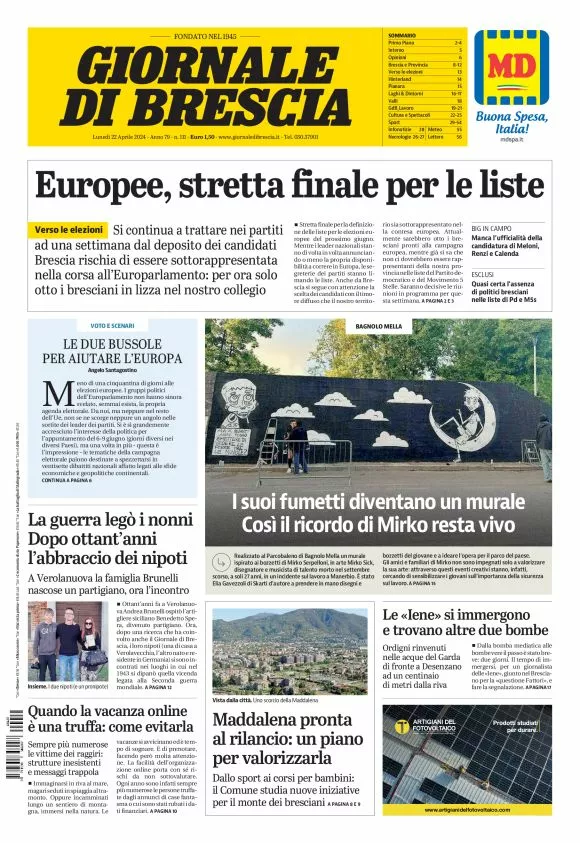 Prima-pagina-giornale di brescia-oggi-edizione-del-2024-04-22